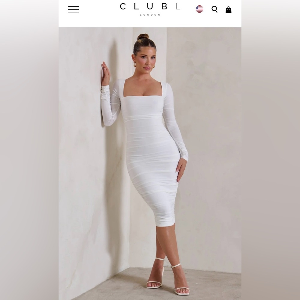 WHITE LONG SLEEVE SQUARE NECK RUCHED MIDI DRESS